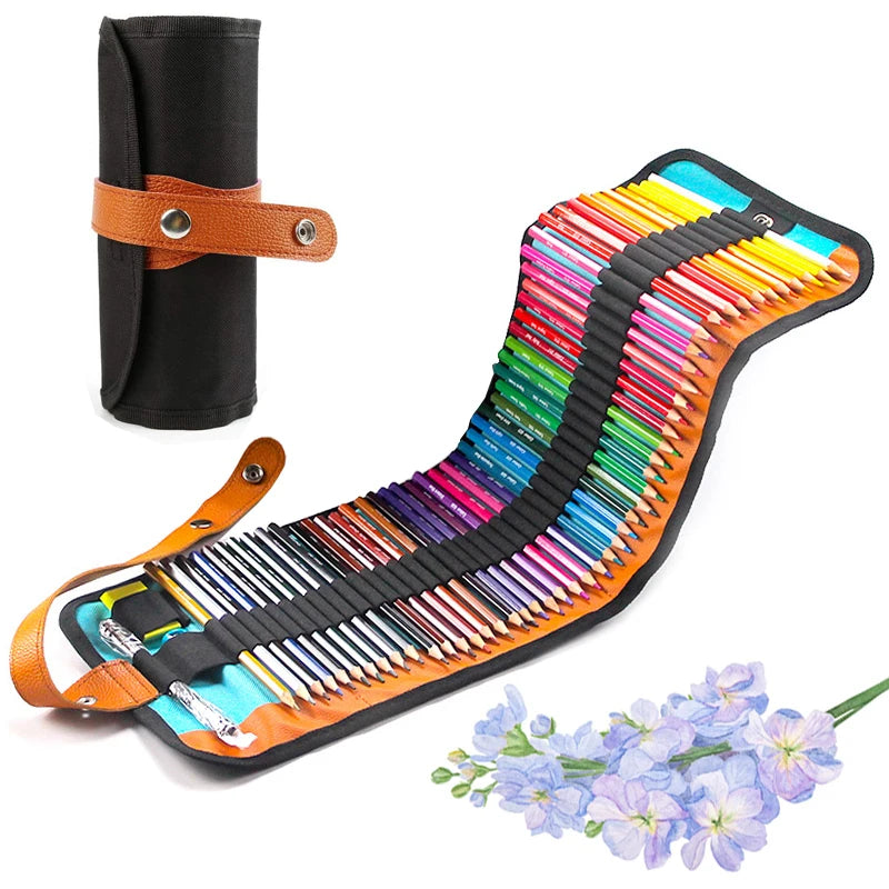 Conjunto de 50 lápis de cor com estojo de lona enrolável. Lápis artísticos profissionais para colorir, desenhar e esboçar. Perfeitos para estudantes.