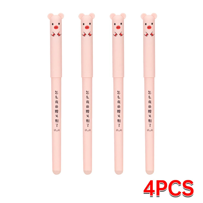 Conjunto de 4 canetas de gel apagáveis com desenhos fofos de urso e porco. Canetas kawaii para material escolar, ideais para escrever, fazer anotações e usar em diários. Presente perfeito para crianças.