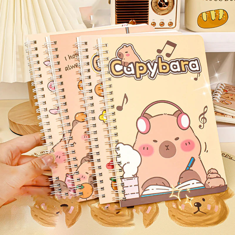 Caderno A5 com desenho de capivara, linhas e círculos, fofo, para planejamento de estudos e preparação para provas, 145 x 210 mm