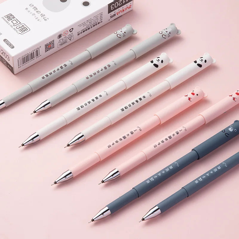 Conjunto de 4 canetas de gel apagáveis com desenhos fofos de urso e porco. Canetas kawaii para material escolar, ideais para escrever, fazer anotações e usar em diários. Presente perfeito para crianças.