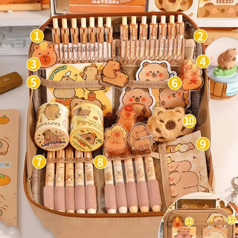 Conjunto de artigos de papelaria Capivara: estojo fofo com canetas, prendedores, régua, bloco de notas adesivas, caneta esferográfica de 10 cores e organizador de lápis para estudantes.