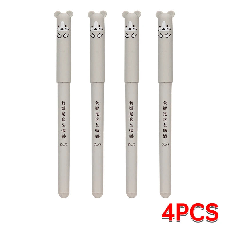 Conjunto de 4 canetas de gel apagáveis com desenhos fofos de urso e porco. Canetas kawaii para material escolar, ideais para escrever, fazer anotações e usar em diários. Presente perfeito para crianças.
