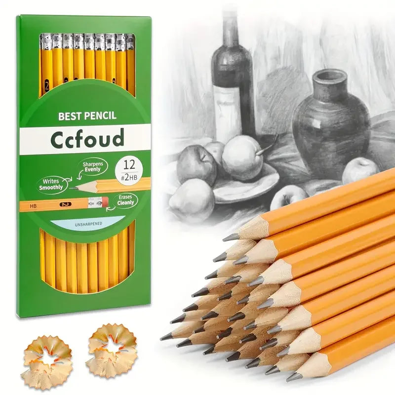 Conjunto de 12 lápis de madeira com borracha, pré-afiados, com grafite HB, para estudantes e adultos.