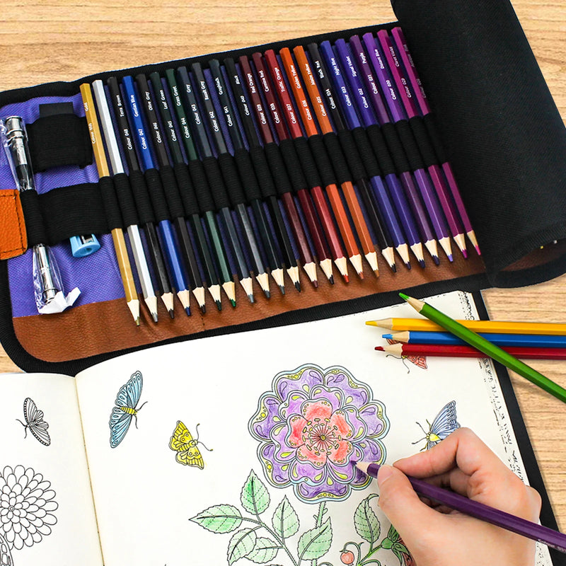 Conjunto de 50 lápis de cor com estojo de lona enrolável. Lápis artísticos profissionais para colorir, desenhar e esboçar. Perfeitos para estudantes.