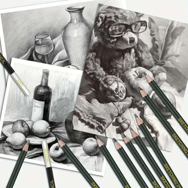 Kit de desenho e esboço com 54 peças | Estojo portátil para viagem | Grafite, carvão e branco | Inclui esfuminho