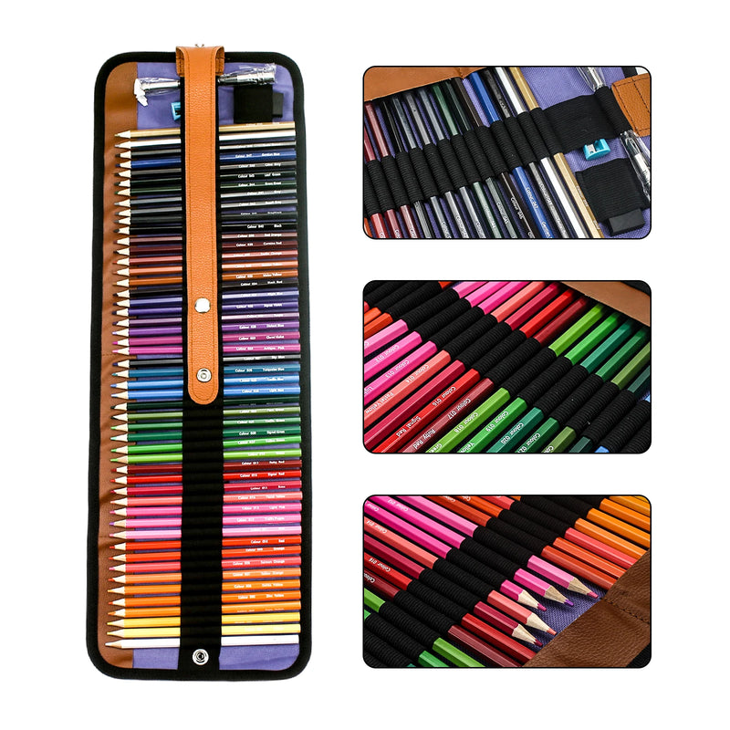 Conjunto de 50 lápis de cor com estojo de lona enrolável. Lápis artísticos profissionais para colorir, desenhar e esboçar. Perfeitos para estudantes.