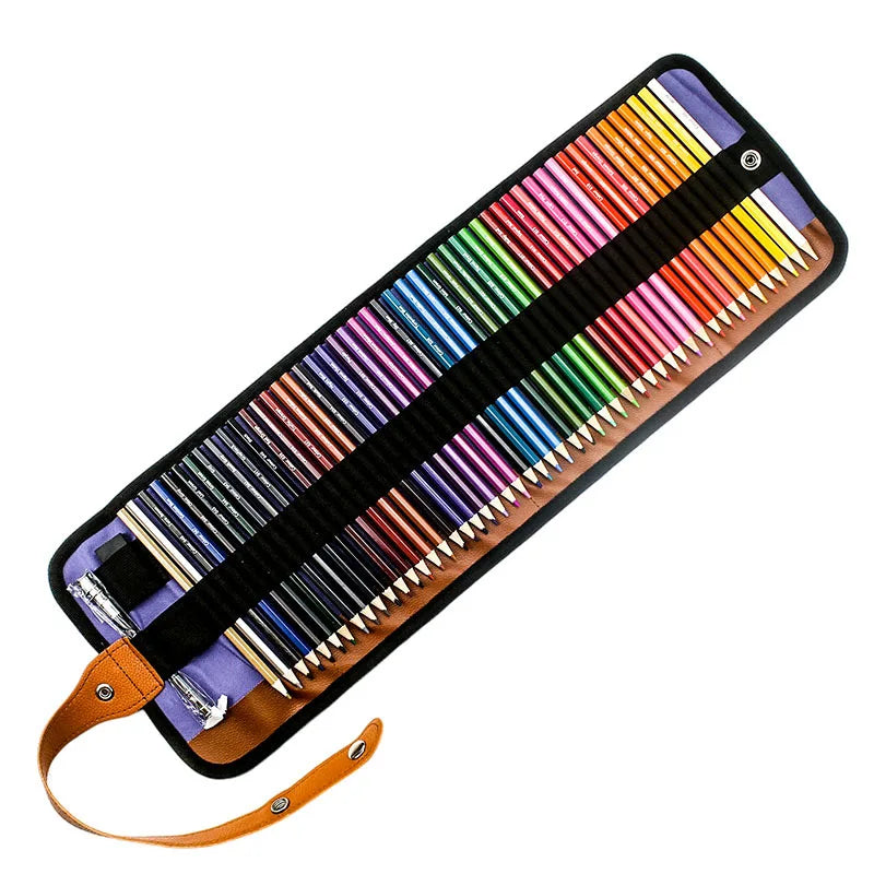 Conjunto de 50 lápis de cor com estojo de lona enrolável. Lápis artísticos profissionais para colorir, desenhar e esboçar. Perfeitos para estudantes.