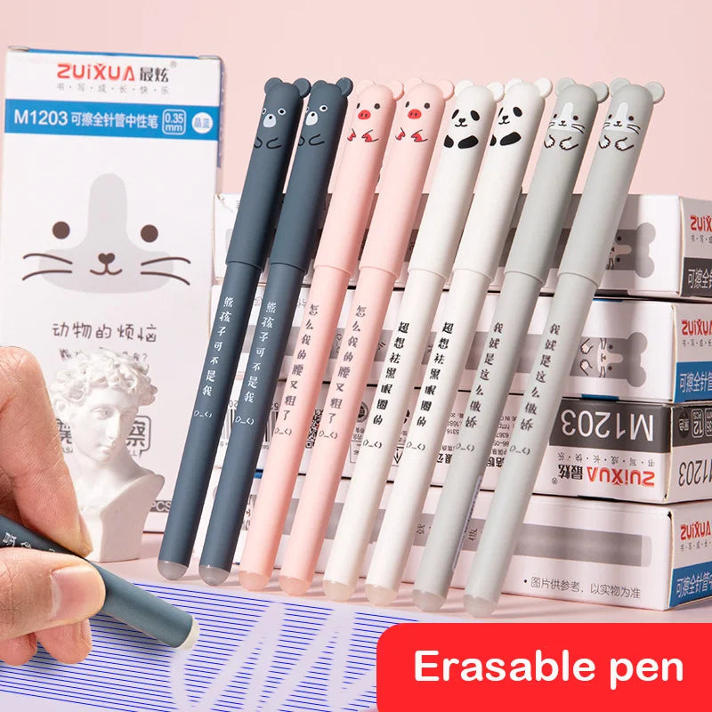 Conjunto de 4 canetas de gel apagáveis com desenhos fofos de urso e porco. Canetas kawaii para material escolar, ideais para escrever, fazer anotações e usar em diários. Presente perfeito para crianças.