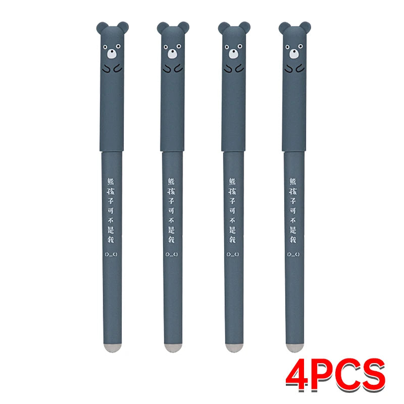 Conjunto de 4 canetas de gel apagáveis com desenhos fofos de urso e porco. Canetas kawaii para material escolar, ideais para escrever, fazer anotações e usar em diários. Presente perfeito para crianças.